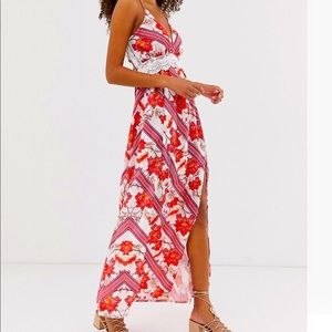 Lace details floral + stripe cami maxi dress